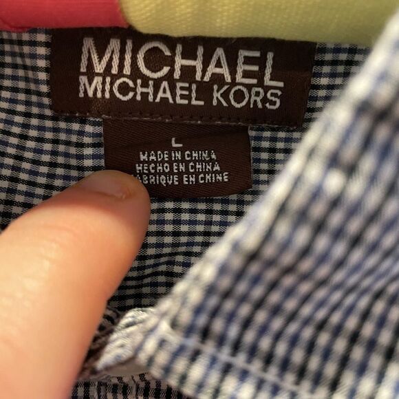 MICHAEL Michael Kors Shirt Blue White CheckerButton Down Short Sleeve Mens Sz L - Picture 6 of 6